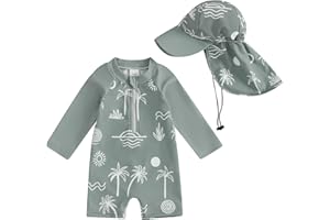 Lucikamy Toddler Baby Boy Girls One Piece Swimsuit Long Sleeve Zipper Bathing Suit with Hat Infant Rash Guard Swimwear