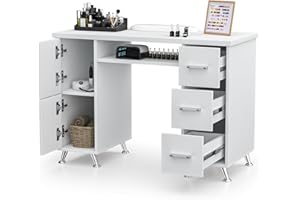 CHARMMADE White Nail Desk for Nail Tech,Acetone-Resistant Manicure Table Nail Tech Desk with Drawers Nail Tech Table Station Storage Cabinet, Open Drawer, Wrist Pad, Metal Legs, for Beauty, Salon, Spa Makeup