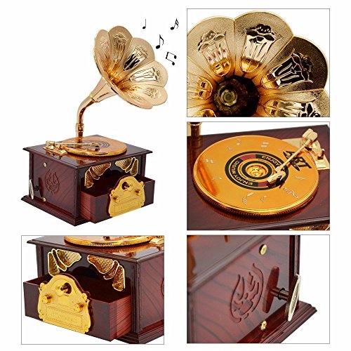 Wind up Music Box Vintage Look Music Box With Jewelry Box - Table Desk Decoration and Gift (Disc Machine, Brown)