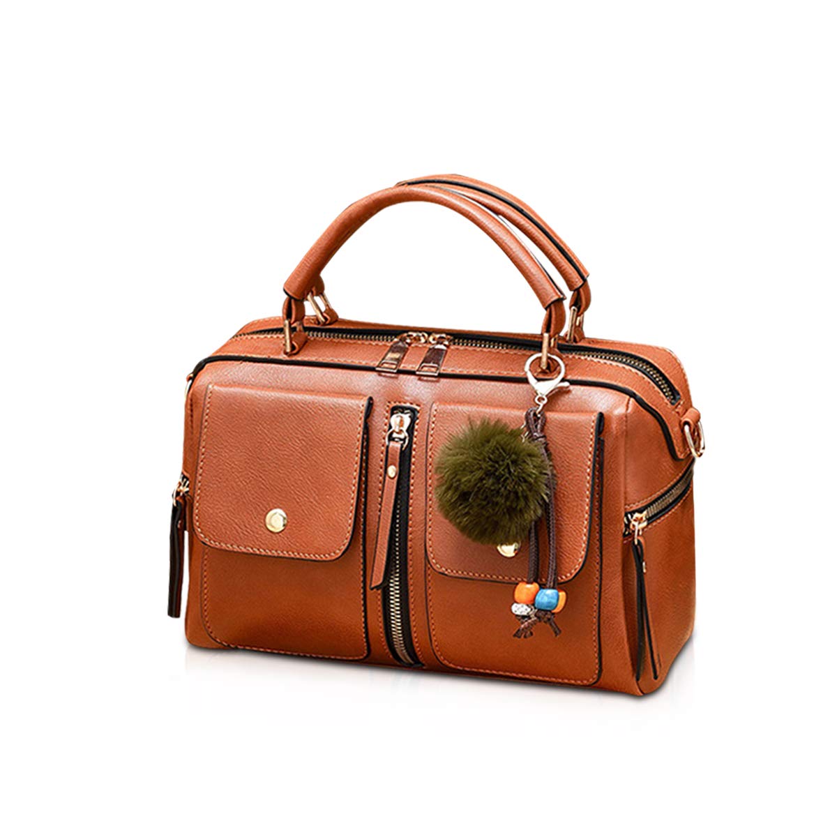 NICOLE&DORIS Women Handbags Pompon Bag Fashion Style Zipper Shoulder Bag Ladies Tote Crossbody Bag PU Leather Small Square Bag Brown