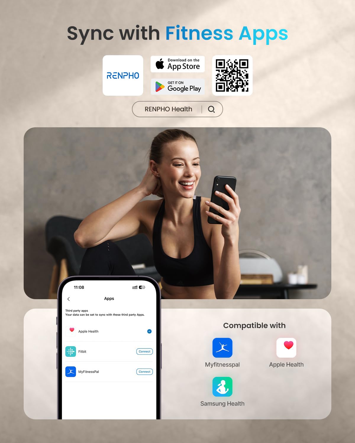 RENPHO Personenwaage Digital Testsieger 2025, Körperfettwaage Mit Körperfett und Muskelmasse mit APP 180kg, Waage Personen Bluetooth Körperwaage für Körperfett, BMI, Gewicht, Wasser und Muskelmasse 5