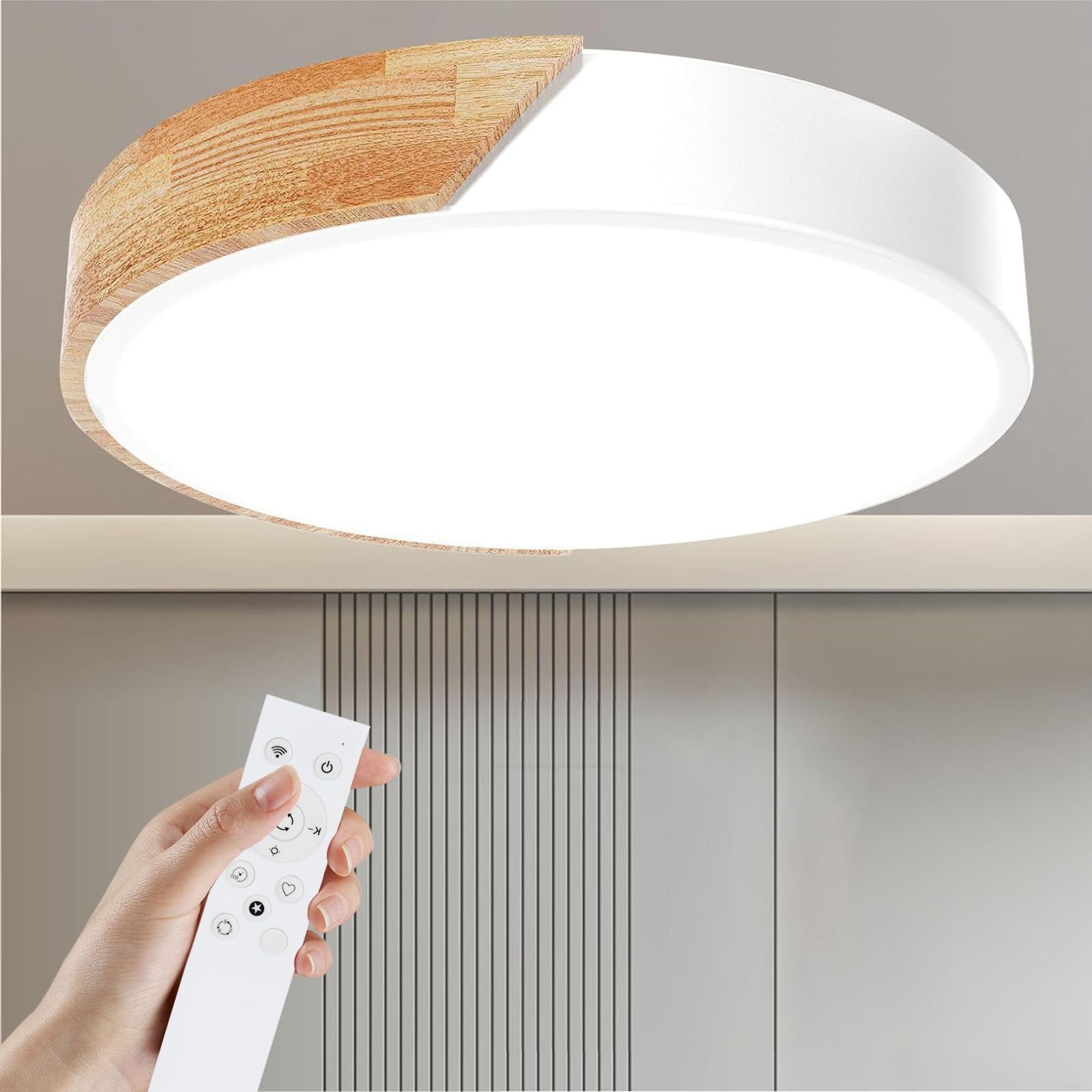 Yexati Ceiling Light Wood,Dimmable Ceiling 3000K-6000K,Remote Controlled Led Ceiling Light,24W Modern Light Fixture for Living Room, Bedroom and Hallway, 30CM，White