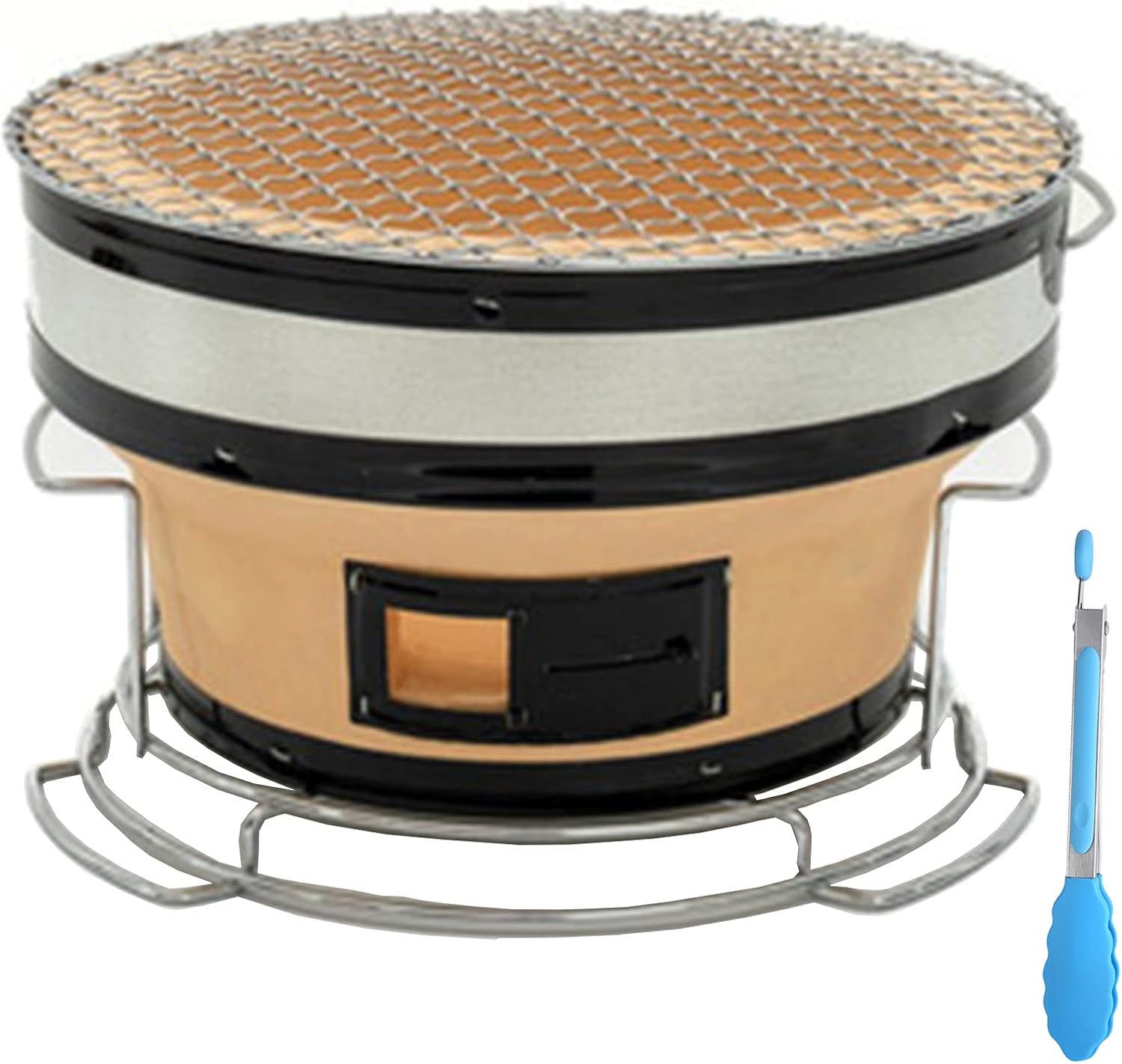 Japanese Ceramic Clay Charcoal Grill, Round Barbecue Yakatori Charcoal Grill Tabletop Charcoal Stove Hibachi Cooker with Food Tongs for Outdoor Indoor Camping