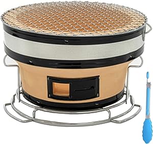 Japanese Ceramic Clay Charcoal Grill, Round Barbecue Yakatori Charcoal Grill Tabletop Charcoal Stove Hibachi Cooker with Food Tongs for Outdoor Indoor Camping