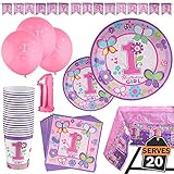 95 Piece 1 Year Old Girl Birthday Party Set Including Banner, Plates, Cups, Napkins, Tablecloth and Balloons, Serves 20