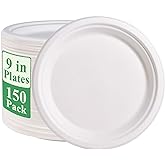 Vplus 150 Pack Paper Plates 9 inch 100% Compostable, Heavy-Duty Disposable Paper Plates Bagasse Natural Biodegradable Eco-Friendly Sugarcane（White）