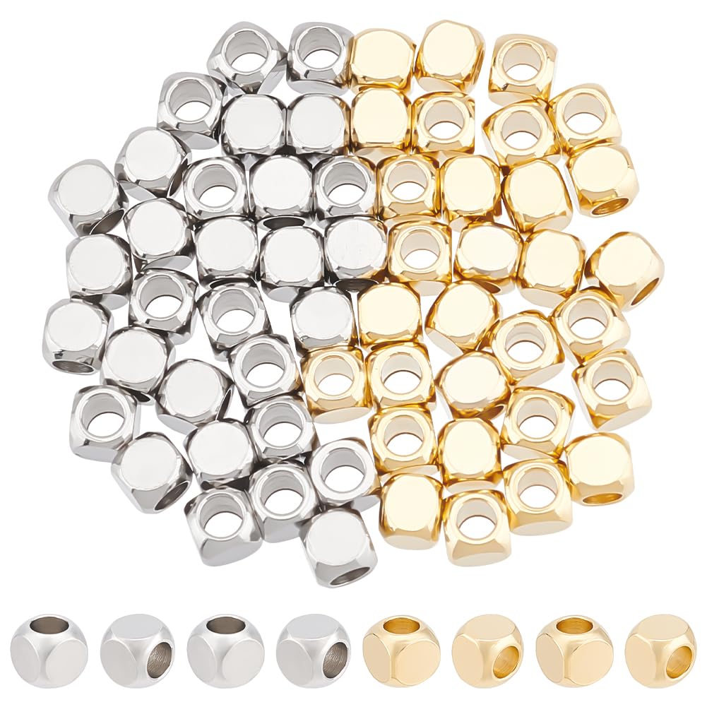 UNICRAFTALE 60pcs 2 Colors 4mm Square Stainless Steel Loose Beads Golden & Stainless Steel Color Beads for DIY Bracelet Necklace Jewelry Making