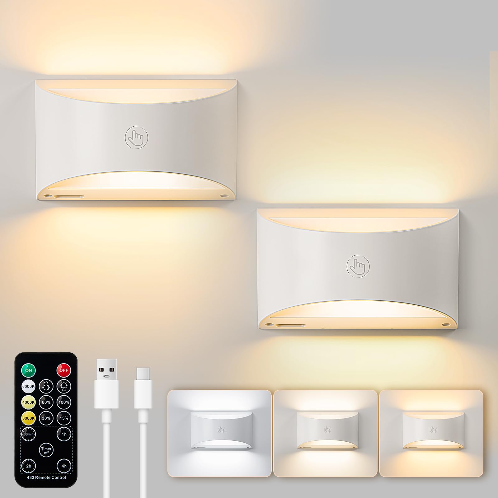 Photo 1 of ***PARTIAL SET/ MISSING REMOTE*** Brightown Battery Powered Wall Sconces Set of Two, Rechargeable Magnetic Wall Sconce with Remote Control, 3 Colors Wireless Up and Down Wall Mount Light for Hallway Bedroom Bedside Living Room(White)