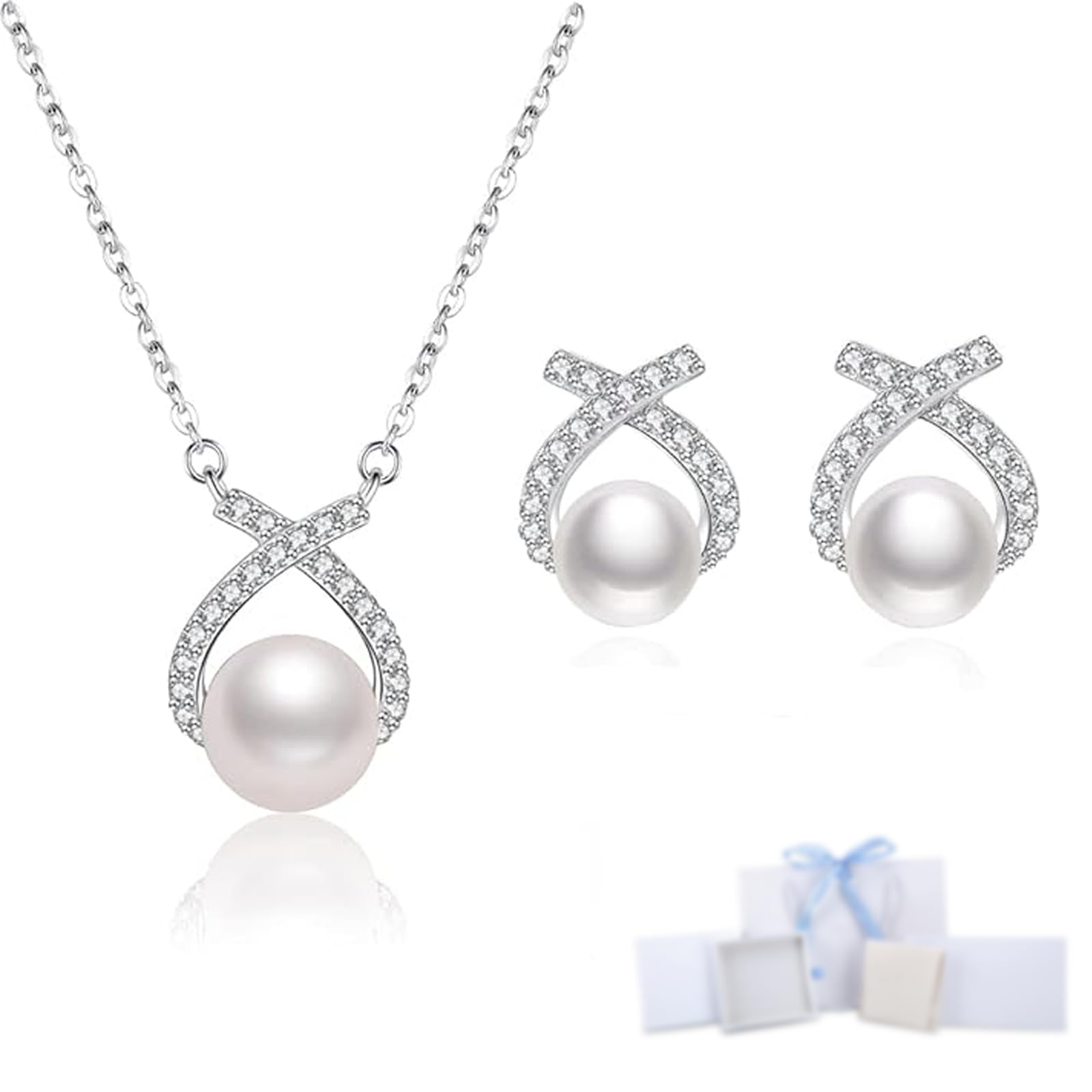 Free bird Necklace and Earrings Set, Women's Cross Pendant, Pearl Earrings Set, 925 Silver, Hypoallergenic, For Women, Birthday, Anniversary, Graduation, New Year, Christmas Gift (Watch the Video)