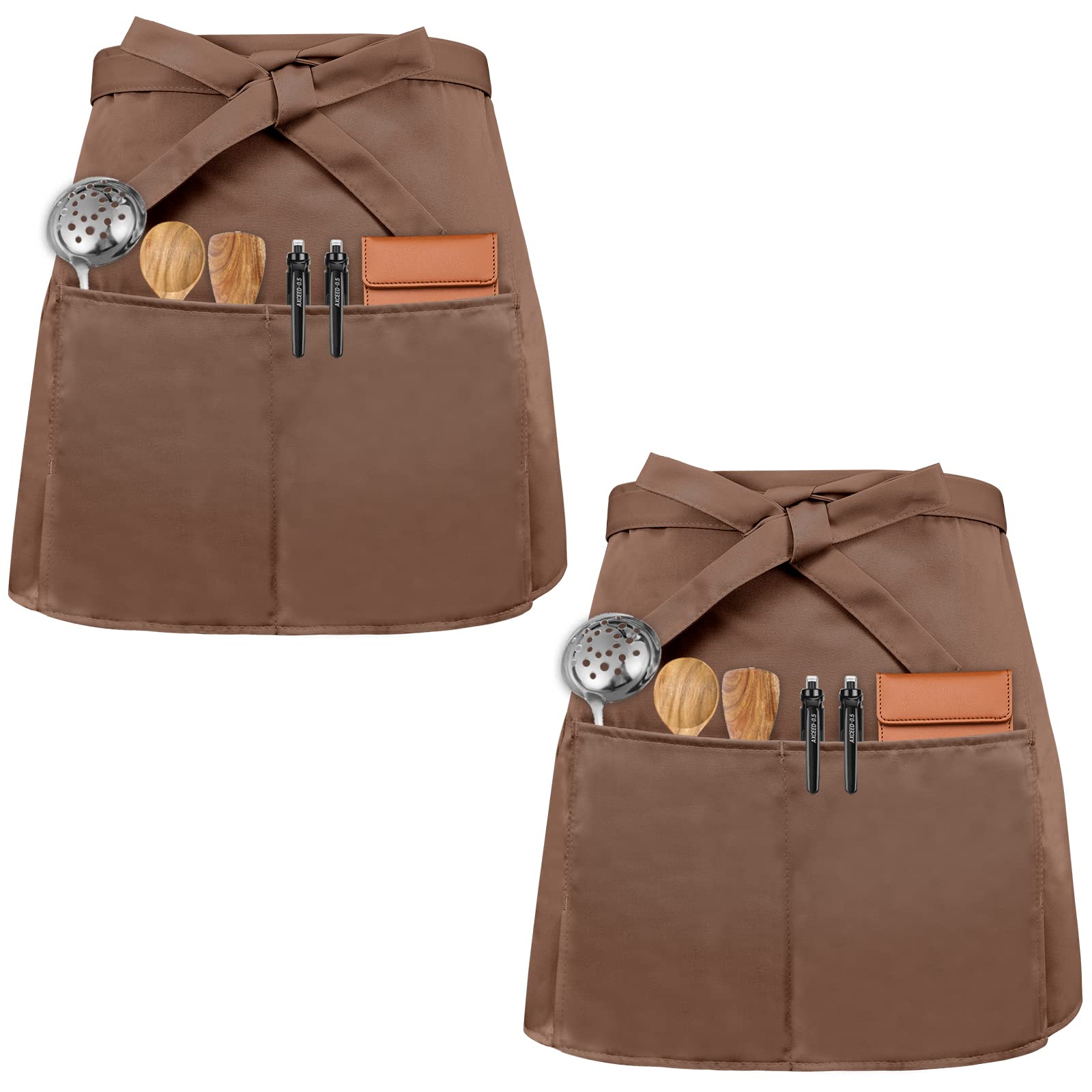 Colexy Waist Apron Front Ties 2 Pcs Waiter Apron Waist Apron with 3 Pockets Baking Apron Waist Aprons Cooking Apron for Bistro Restaurant Hotel Cafe Chef Waiter Cleaning Painting Gardening (Coffee)
