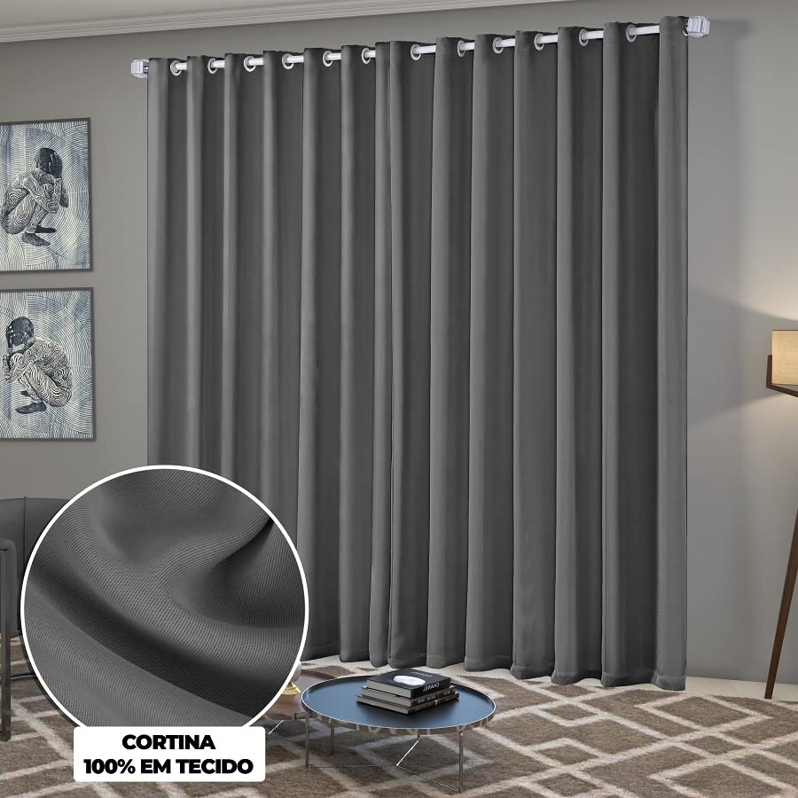 Cortina Blackout/Bleucate de Tecido Corta Para Luz Quarto e Sala 4,00m x 2,50m Altura com Ilhós Cromado Solaris - Chumbo
