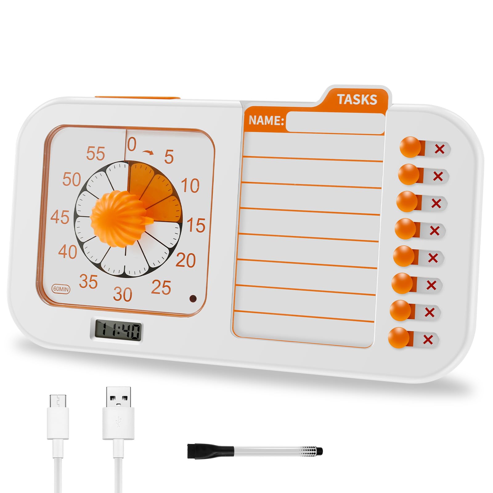 VAVPUP 3 in 1 Visual ADHD Timer for Kids and Adults with Planning Board 60min Silent Focus Tool for Kids Daily Routines Schedule Chores Study (Orange)