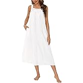 SWOMOG Women's Cotton Nightgowns Sleeveless Night Gown Embroidery House Dress Soft Long Nightdress with Pockets