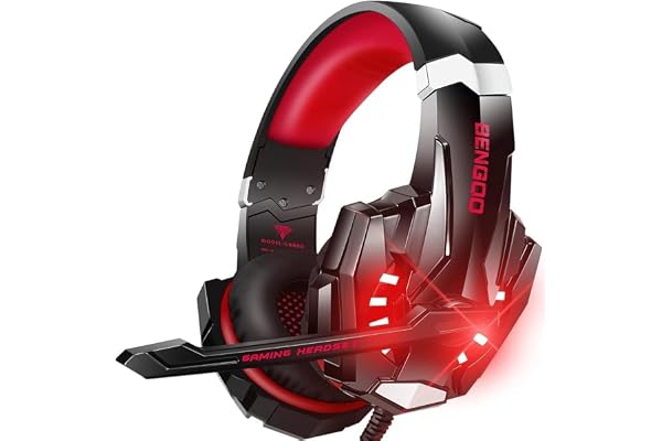 BENGOO G9000 Stereo Headset for PS4, PC, Xbox One Controller, Noise Cancelling Over Ear Headphones with Mic, LED Light, Soft