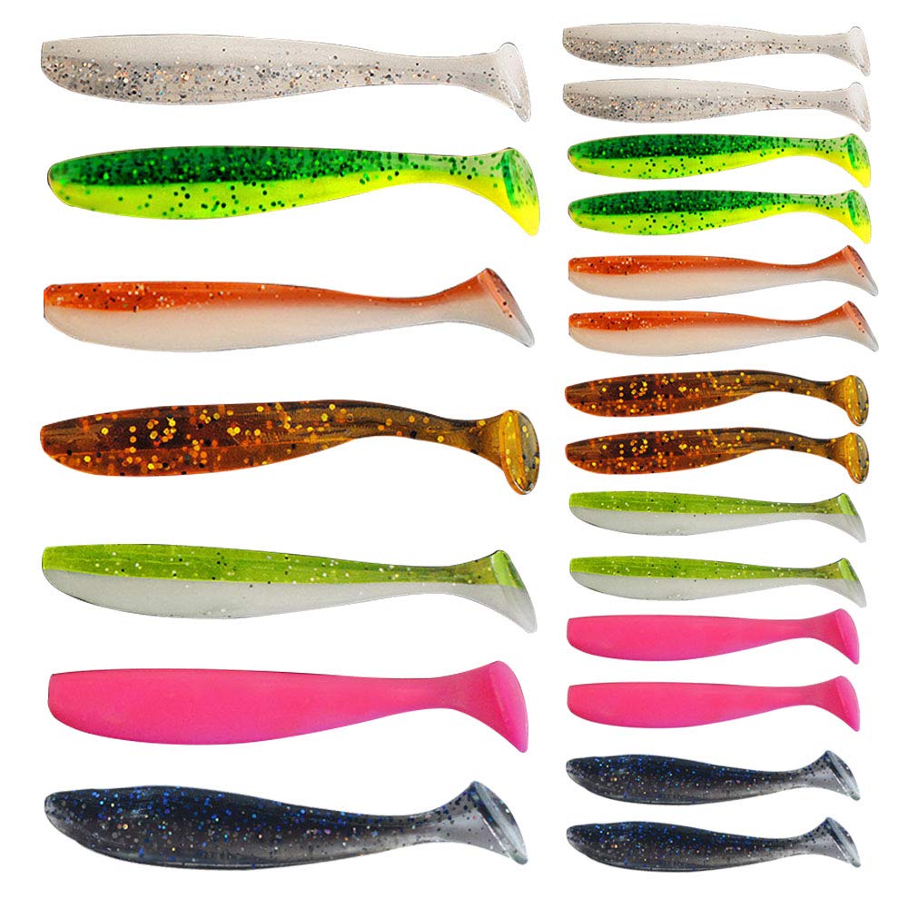 Senven Fishing Hook, 21Pcs Silicone Bait, Soft Artificial Worm, T Tail, 10 × 70mm, 2g, Green