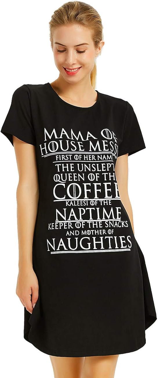 Womens Sleepwear Black Cotton Nightgown Dress Novelty Printing Sleep