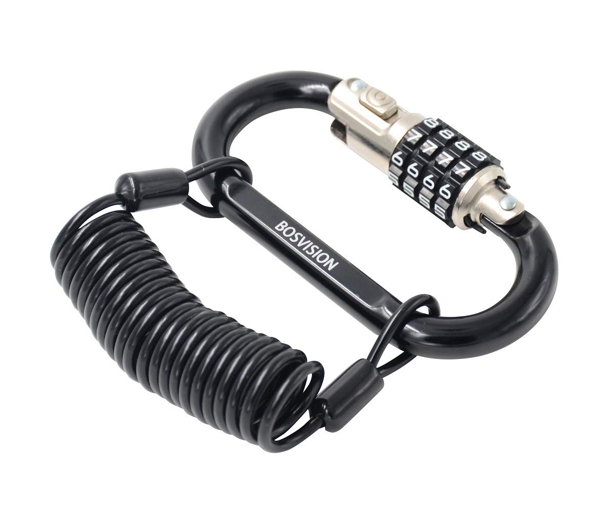 Bosvision Bike/Motorbike Helmet Lock, Combination Carabiner/Karabiner Padlock, Hook and D Ring Style with 150cm Coiled Steel Cable
