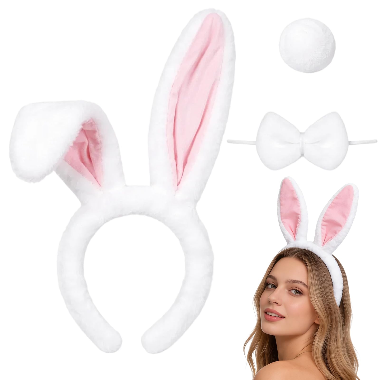 QiiWuic 3 Pcs Easter Bunny Ears Set - Bunny Ears, Tail Tie And Bow Tie, Rabbit Accessories For Adults, Animal Cosplay Accessory For Easter Halloween Cosplay Party Performance (Pink)