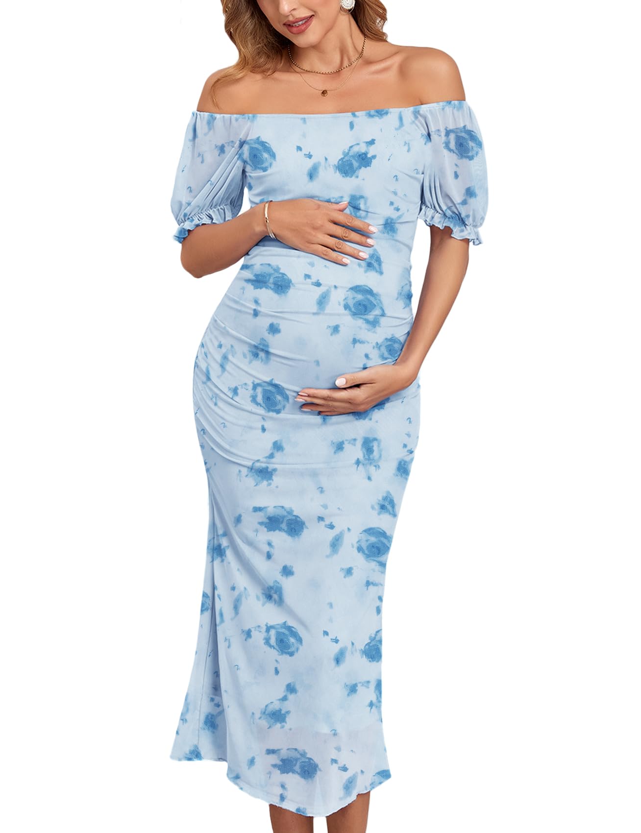Photo 1 of Mesh Maternity Dress Cocktail Wedding Guest Baby Shower Pregnancy Shoot Summer Pastel Floral Sparkly, Short Sleeves, Blue Floral, M