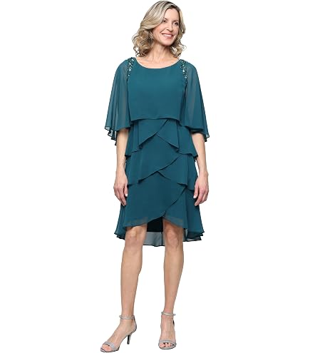 S.L. Fashions Women's V-Neck Chiffon Cocktail Dress with Beaded Shoulders and Asymmetrical Tiers (Petite and Regular Sizes) : Clothing, Shoes & Jewelry