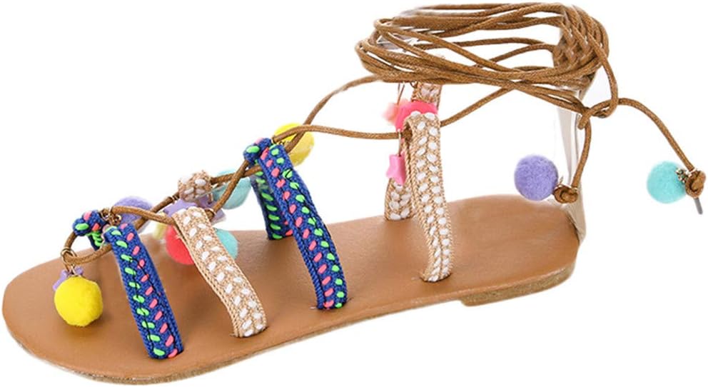 Vectry Women's Summer Casual Bohemia Lace-Up Flat Hairball Open Toe Breathable Sandals Shoes