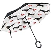 ALAZA Love Heart Dachshund Dog Paw Print Inverted Umbrella, Large Double Layer Outdoor Rain Sun Car Reversible Umbrella
