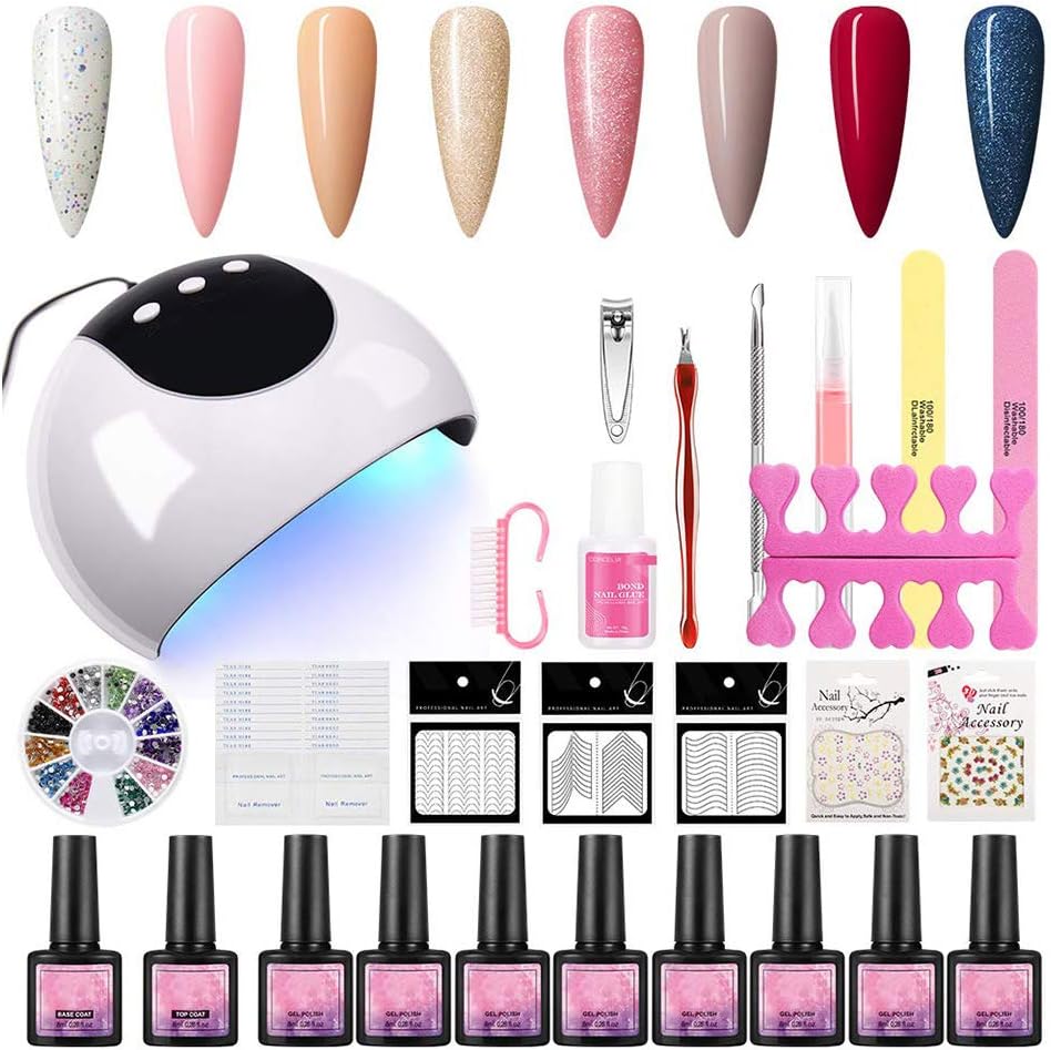 Nail Art Professional Kit 8pc Soak off Gel Nail Polish Top Coat Base Coat with 24W UV Nail Lamp Manicure Nail Art Decoration Set