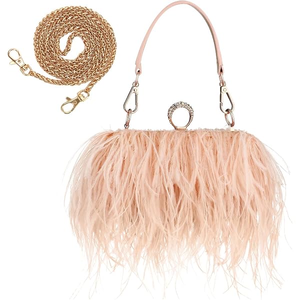 QEBURI Women Fluffy Ostrich Feather Evening Dress Clutch Bag