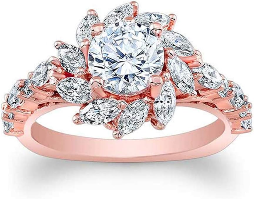 Goddesslili Rose Gold Ring for Women Girlfriend Quartz Jewelry Sun Flower Diamond Zircon Vintage Retro Wedding Engagement Anniversary Jewelry Gift Under 5 Dollars