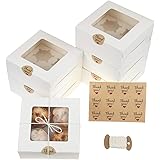 15 Packs Bakery Box Cupcake Boxes and Rope with Window and Inserts 4 Holders,6x6x3 Inch Cookie Boxes with Stickers for Pastri