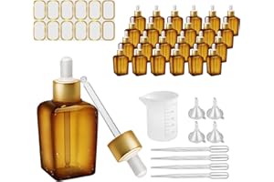 Yoken 24pack Square Dropper Bottle 1 oz Glass Bottles with Dropper Amber Eye Dropper Bottle for Essential Oils - 30ml Leakproof Tincture Bottles with Gold Cap, Silicone Measuring Cup, Funnel and Label