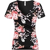 Beauhuty Women's Top Deep V Neck Slim Fitted T-Shirt Front Wrap Ruched Short Sleeve Tee
