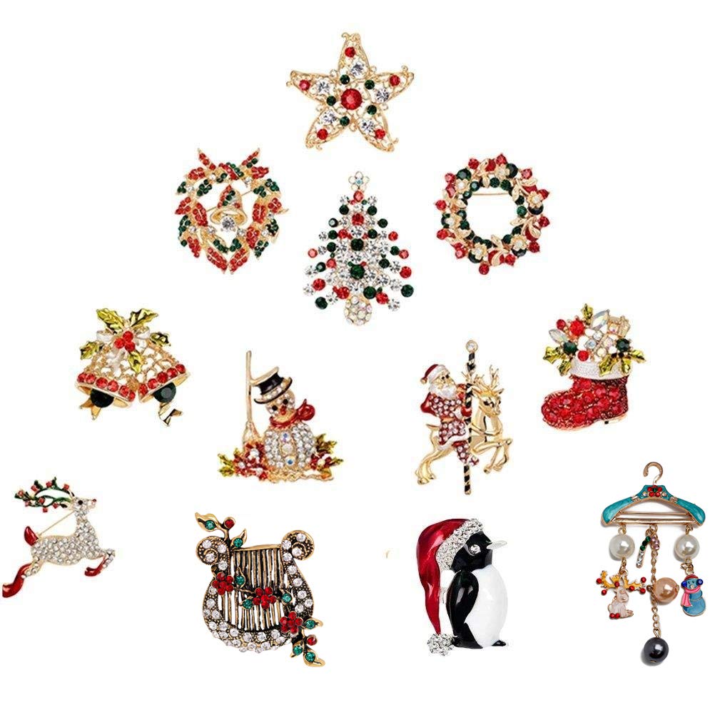 BraveWind 12 Pcs Christmas Women Various Shape Brooch Pin Rhinestone Breastpin for Wedding New Year Party Accessories