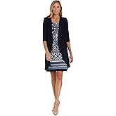 R&M Richards Women's 2-Piece Double Border Puff Printed Shift Dress W/ 3/4 Sleeves Draped Jacket