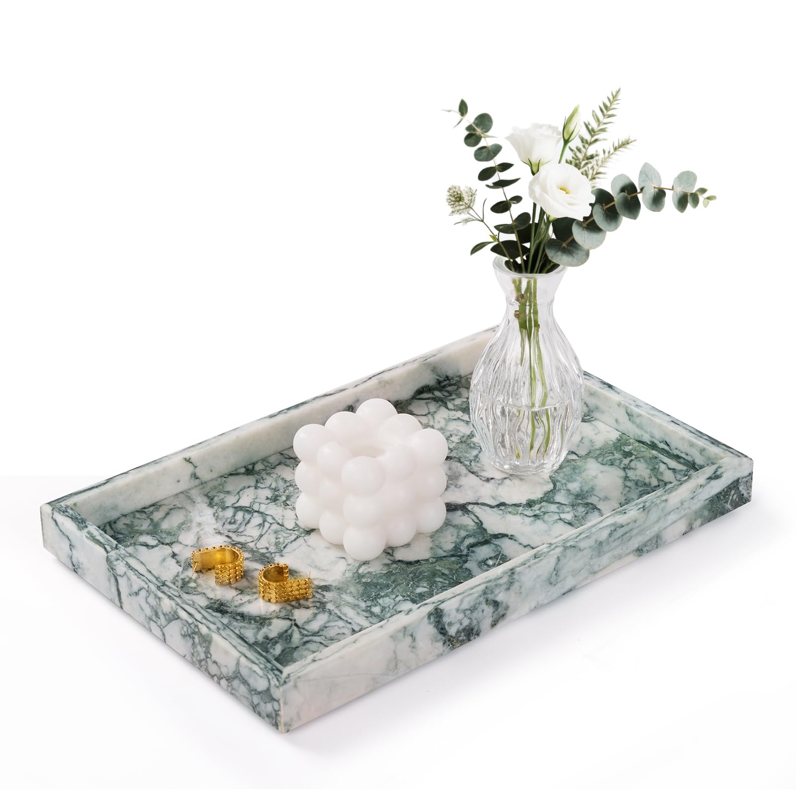 Photo 1 of (minor chips) Homaura Marble Bathroom Tray for Countertop & Home Decor, Natural Decorative Marble Tray for Jewelry & Perfume Organizer, Luxury Stone Vanity Trays for Dresser, Kitchen Counter, 12" x 8", Jade Green