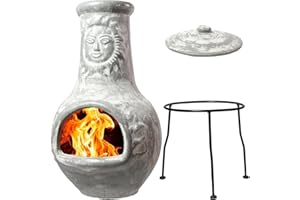 Wiosi Medium Chiminea Outdoor Fireplace Grey Clay Chimineas with Chimney Rain Lids and Solid Metal Stands - Grey Terracotta Chimenea - Rustic Fire Pit Chimnea 16 x 16 x 32-inch