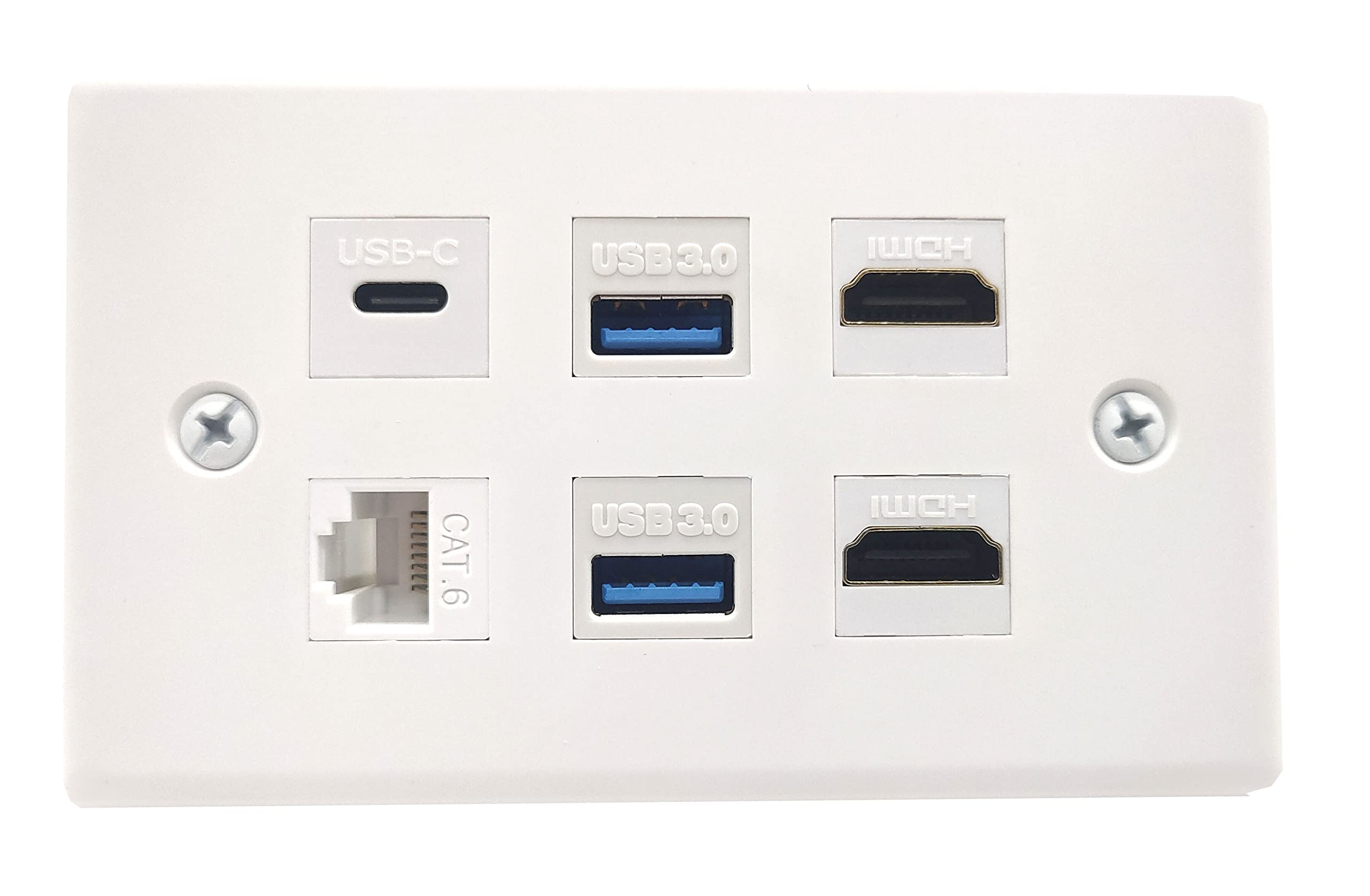 Halokny 6-Port HDMI USB3.0 CAT Type-C Wall Plate - 2 HDMI Keystone Jack, 2 USB 3.0, 1 Type C, 1 CAT6 RJ45 Keystone Jack for Face Plate, White (HK-W-10099)