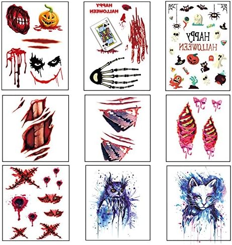 Halloween Scar Tattoo Temporary Stickers for Cosplay Partys or Halloween Zombie Tattoos Family Mega Pack Set of 9 Sheets