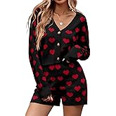 Tankaneo Womens Valentine's Day Sweater Sets Heart Knit Long Sleeve Cropped Cardigan and Shorts 2 Piece Outfits