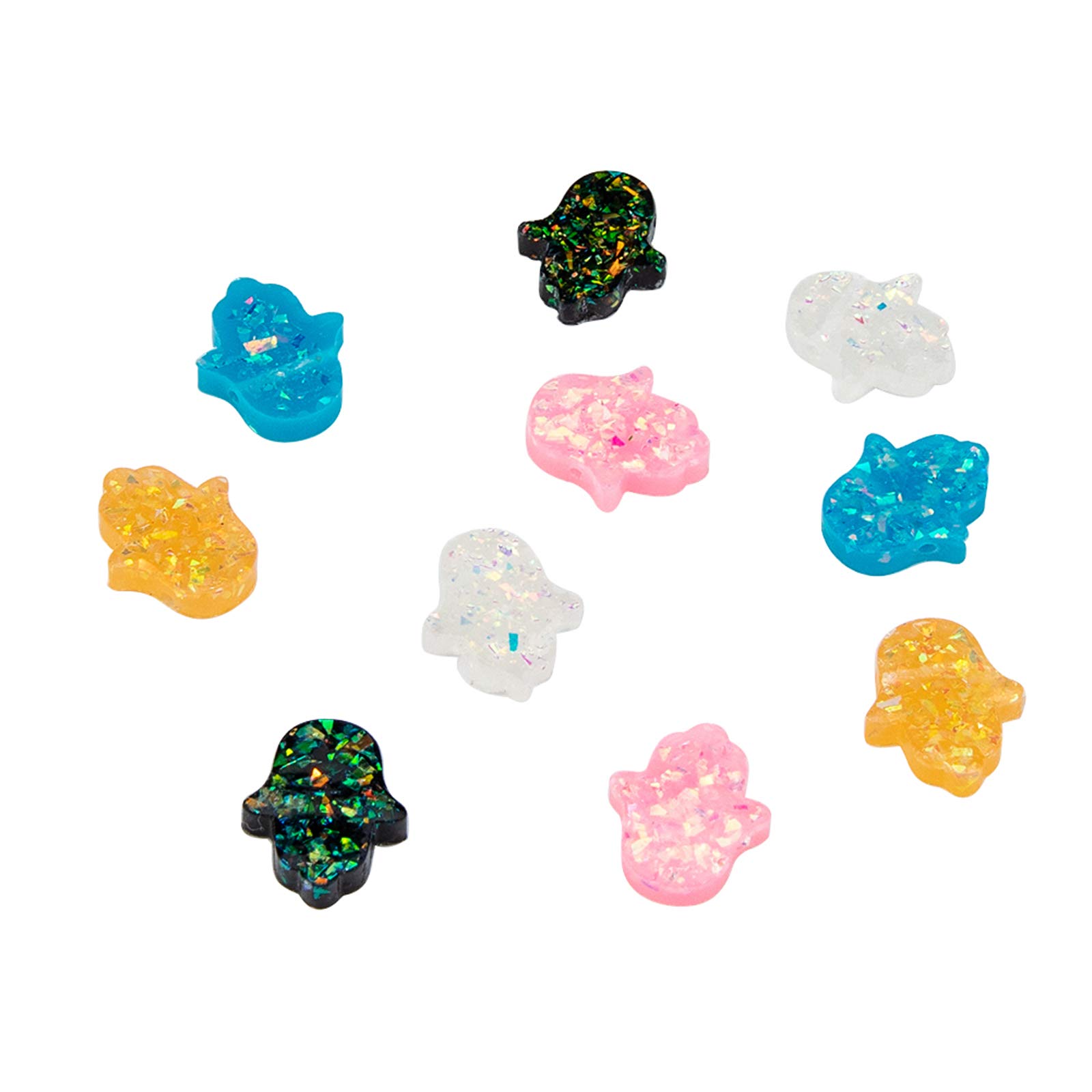 UNICRAFTALE 30pcs Randomly Mixed Bling Color Hamsa Hand Beads Imitation Opal Resin Beads 1mm Hole Flat Hand of Fátima Spacer Beads Coloured Beads for Bracelet Necklace Jewelry Making 14x12x3mm