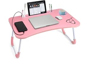 Slendor Lap Desk with Cup Holder, Foldable Laptop Table for Bed, Portable Bed Desk for Laptop and Writing, Computer Tray with Tablet Slot, Notebook Stand Reading Holder for Couch Sofa Floor,Pink