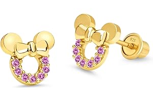 LOVEARING 14k Gold Plated Brass Pink Mouse Cubic Zirconia Screwback Earrings with Sterling Silver Post