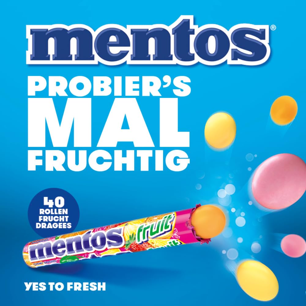 Mentos Fruit Dragees, Frucht-Bonbons mit Orange, Zitrone, Erdbeere, Kaubonbons mit fruchtigem Geschmack, Süßigkeiten Multipack (40 Rollen), vegan 2