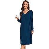 GYS Bamboo Viscose Women's Nightgowns Long Sleeve Lace V Neck Night Shirts for Sleeping