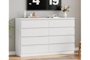 Jocoevol Modern White 8 Drawer Dresser for Bedroom, 15.3" D x 55.2" W x 32.3" H Simply Chest of Drawers, Wood Storage Dresser with Deep Drawers for Living Room Hallway Entryway, White