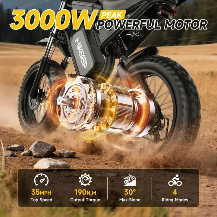 Electric Dirt Bike for Adults - 52V 40Ah Battery, 3000W Peak Ebike, Up to 40MPH, 100 Mile Range, 20x4 Fat Tires, Dual Suspension, Hydraulic Disc Brakes, NFC Start, Bluetooth APP, UL Certified