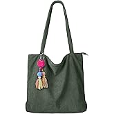 FITDON Corduroy Totes Bag with Zip, Shoulder Bags Handbags Women's Hobos Large Capacity Shopping Bag with Inner Pocket, Green