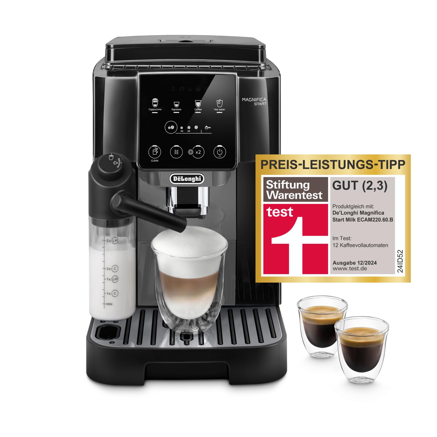 De'Longhi Magnifica Start - Perfetto Kaffeevollautomat mit LatteCrema-Milchaufschäumer, 4 One-Touch-Getränke, Cappuccino Kaffeemaschine, Soft-Touch-Bedienfeld, Schwarz-Grau (ECAM222.60.BG)
