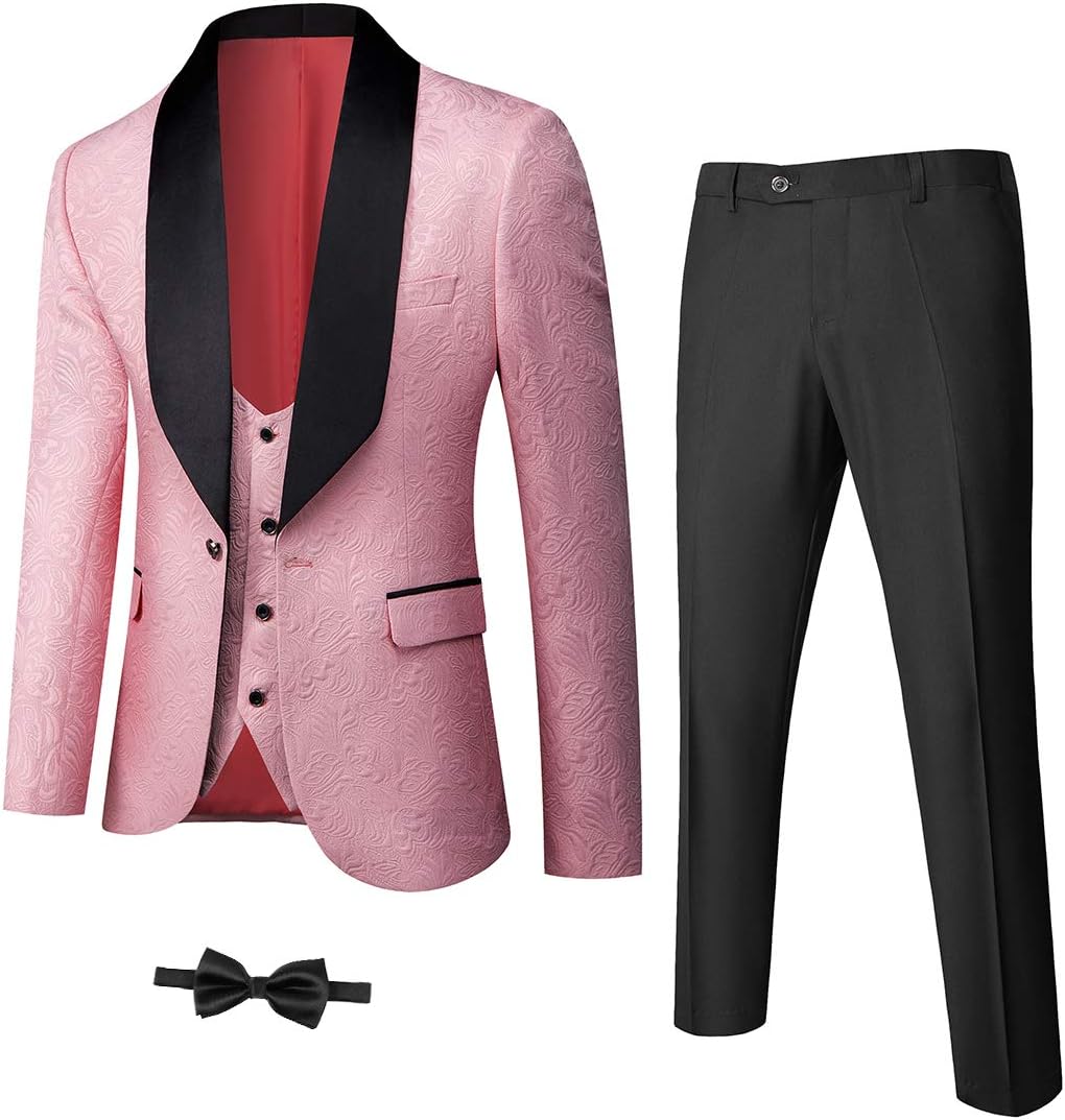 YNDMen's 3 Piece Slim Fit Tuxedo Set, Solid Shawl Collar Jacquard Jacket Vest Button Pants
