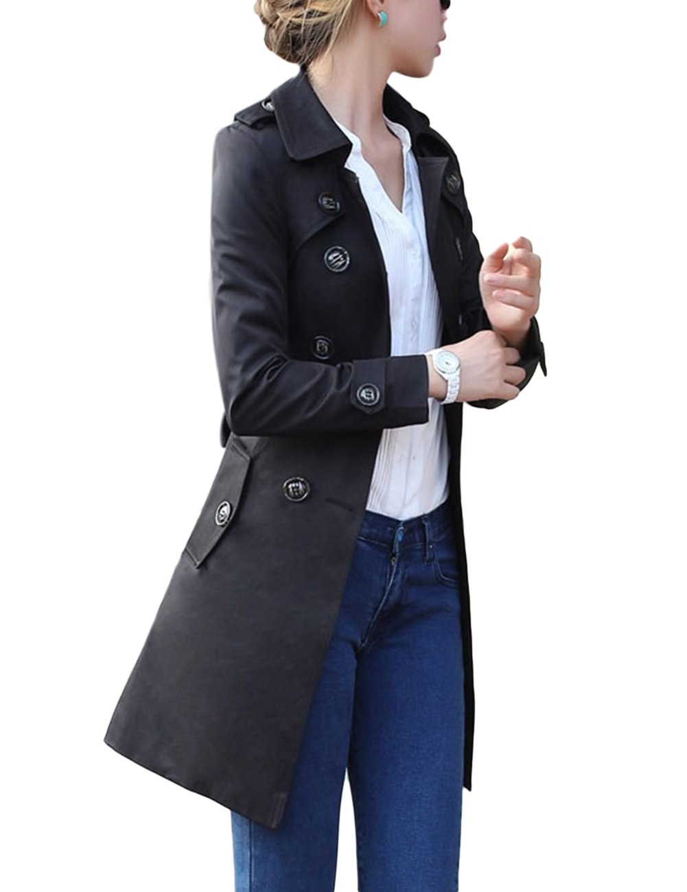 leoie women's windbreaker double-breasted belt slim jacket (khaki, 2xl)